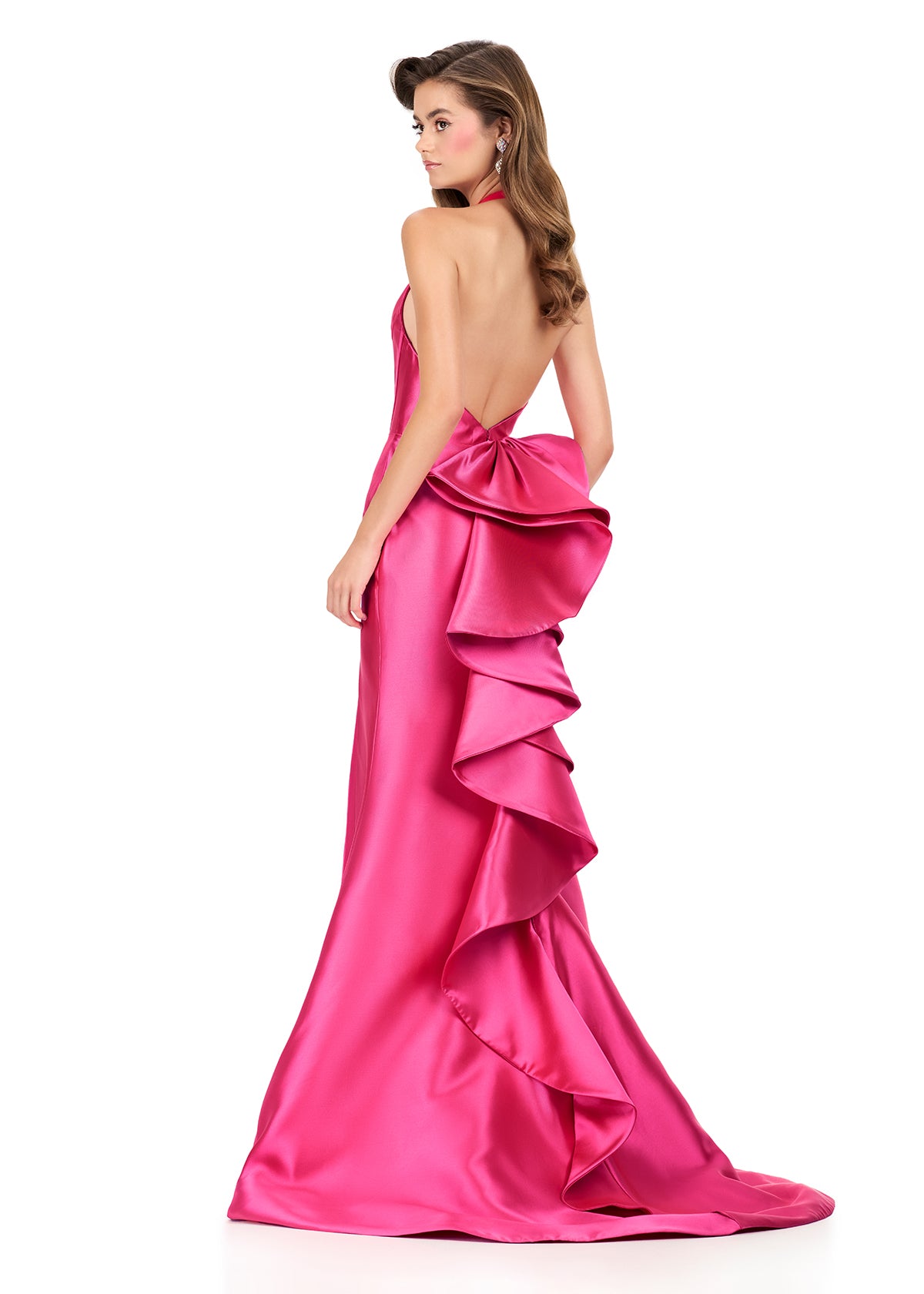 ASHLEYlauren 12214 | Fuchsia mikado gown with plunging halter neckline, fitted bodice, and cascading ruffle bow back detail. Back
