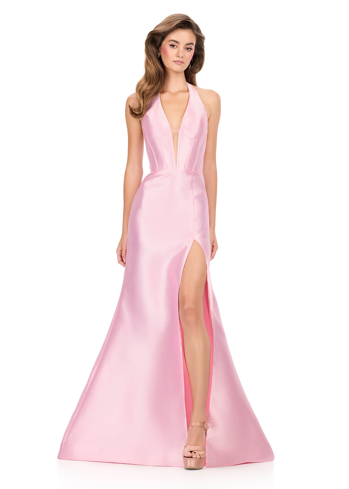 ASHLEYlauren 12214 | Ice Pink halter gown featuring sleek mikado fabric, dramatic back ruffle bow, and gentle train