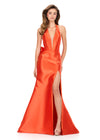 ASHLEYlauren 12214 | Orange halter evening gown featuring sleek silhouette, dramatic back ruffle bow, and soft train
