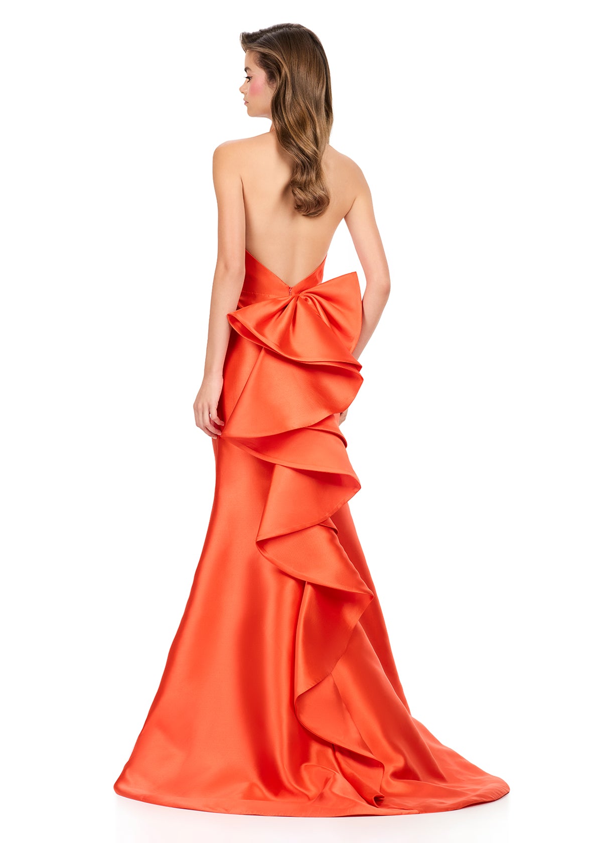 ASHLEYlauren 12214 | Orange mikado gown with plunging halter neckline, fitted bodice, and cascading ruffle bow down the back. Back