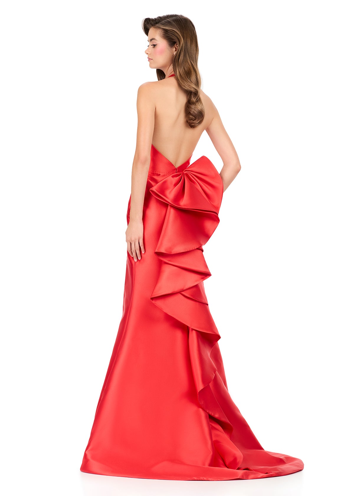 ASHLEYlauren 12214 | Red mikado gown with plunging halter neckline, fitted silhouette, and cascading ruffle bow back detail. Back