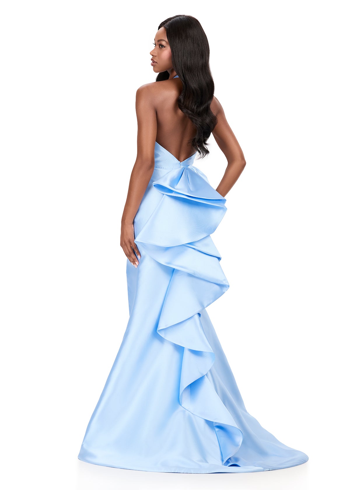 ASHLEYlauren 12214 | Sky mikado gown with plunging halter neckline, fitted shape, and cascading back ruffle. Back