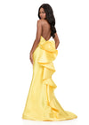 ASHLEYlauren 12214 | Yellow mikado gown with plunging halter neckline, fitted silhouette, and cascading ruffle bow back. Back