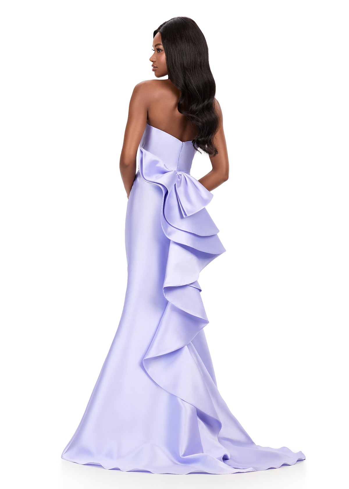 ASHLEYlauren 12215 | Lilac strapless mikado gown with fitted bodice, elegant high slit, and cascading back bow ruffle. Back