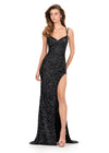 ASHLEYlauren 12217 | Black fitted sequin gown featuring intricate beading, scoop neckline, lace-up back, and bold leg slit.