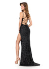 ASHLEYlauren 12217 | Black fully beaded sequin gown with scoop neckline, double straps, lace-up back, and thigh-high slit. Back