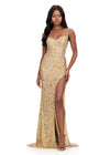 ASHLEYlauren 12217 | Gold sequin beaded gown featuring scoop neckline, fitted silhouette, lace-up back, and striking leg slit.