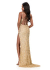 ASHLEYlauren 12217 | Gold fully beaded sequin gown with flattering scoop neckline, lace-up back, and dramatic high slit. Back
