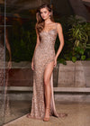 ASHLEYlauren Style 12217 | Rose-Gold fully beaded sequin gown with scoop neckline, double spaghetti straps, lace up back, thigh high slit, and fitted silhouette