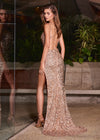 ASHLEYlauren Style 12217 | Rose-Gold embellished fitted gown featuring a sweetheart inspired scoop neckline, lace up back, spaghetti straps, and dramatic high slit for a glamorous finish