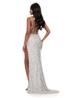 ASHLEYlauren 12217 | Silver fully beaded sequin gown with scoop neckline, double straps, lace-up back, and thigh-high slit. Back