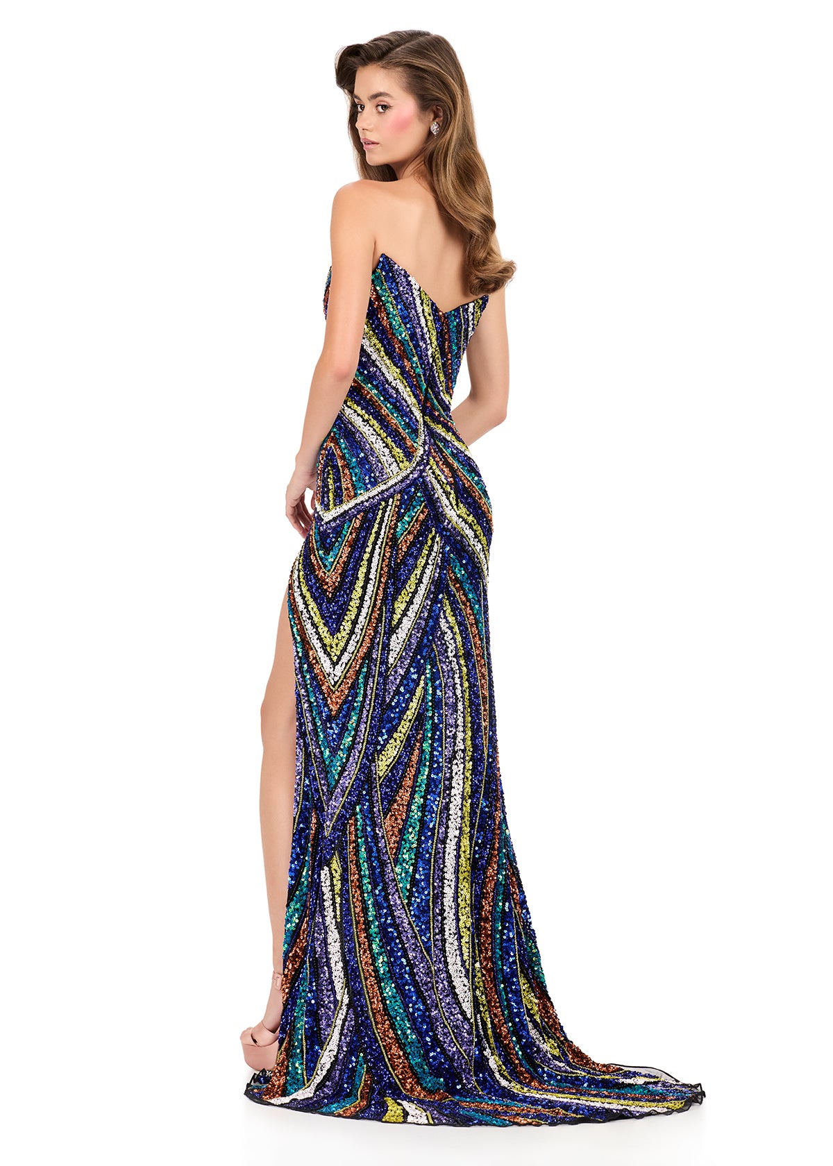 ASHLEYlauren 12218 | Multi-Black fully beaded gown with multi-tone swirl pattern, sweetheart neckline, and high slit. Back