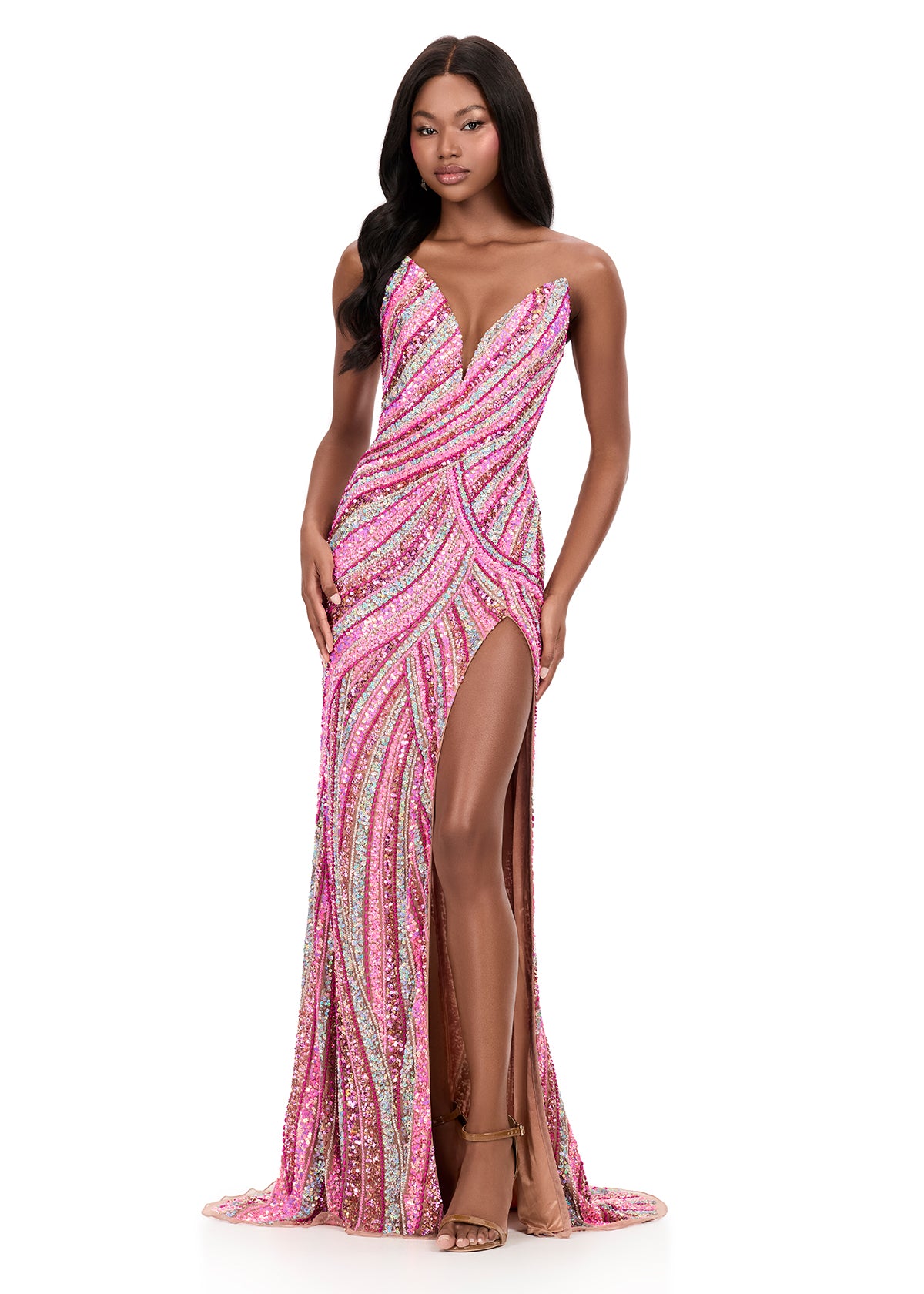 ASHLEYlauren 12218 | Neon-Pink strapless beaded gown featuring curve-enhancing swirl design, fitted silhouette, and bold thigh-high slit.