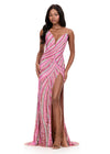 ASHLEYlauren 12218 | Neon-Pink strapless beaded gown featuring curve-enhancing swirl design, fitted silhouette, and bold thigh-high slit.