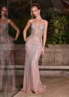 ASHLEYlauren Style 12219 | Nude fully beaded gown with illusion cutouts, scoop neckline, lace up back, spaghetti straps, and dramatic sweeping train