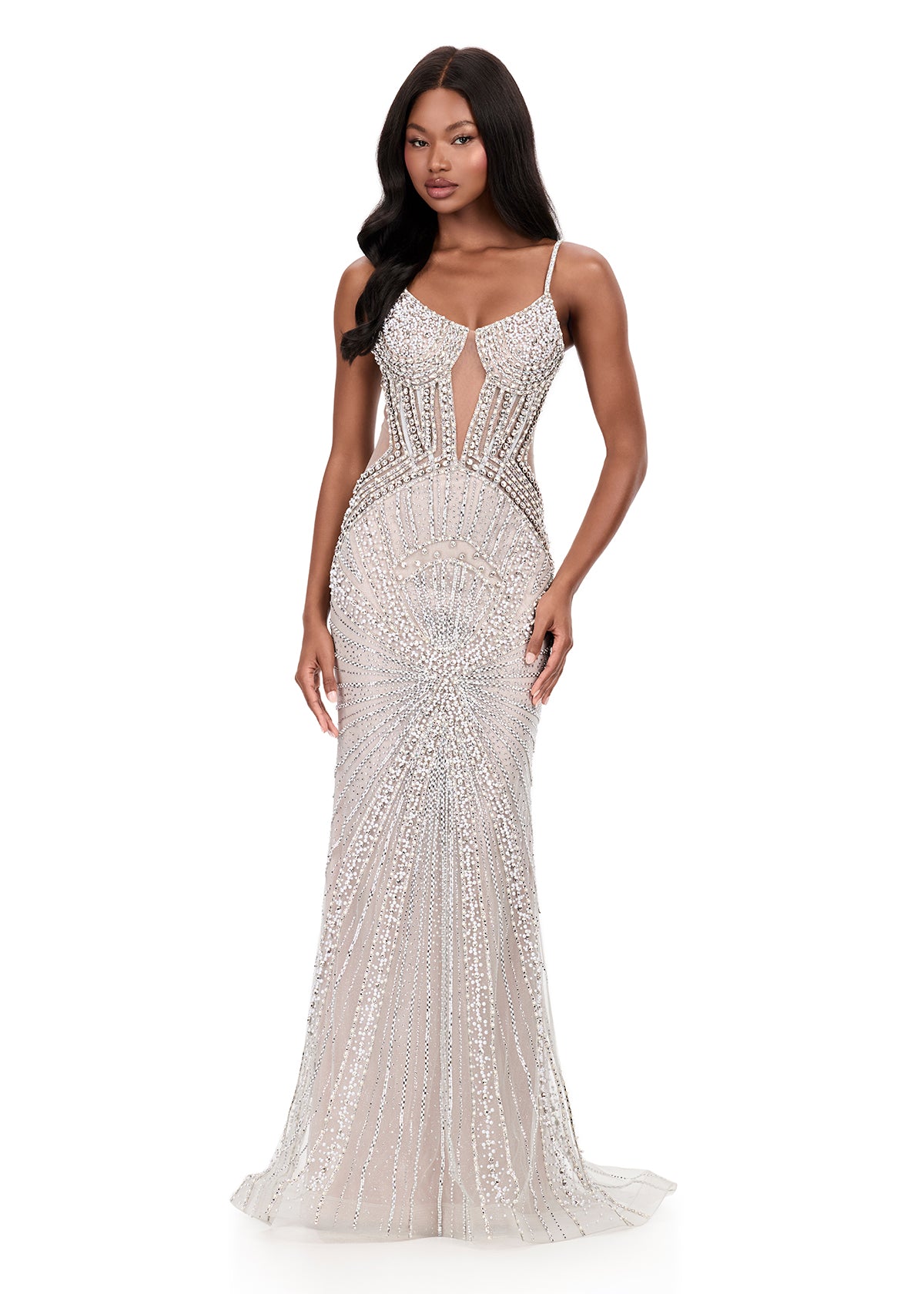 ASHLEYlauren 12219 | Silver beaded evening gown featuring figure-hugging design, lace-up back, and shimmering illusion details.