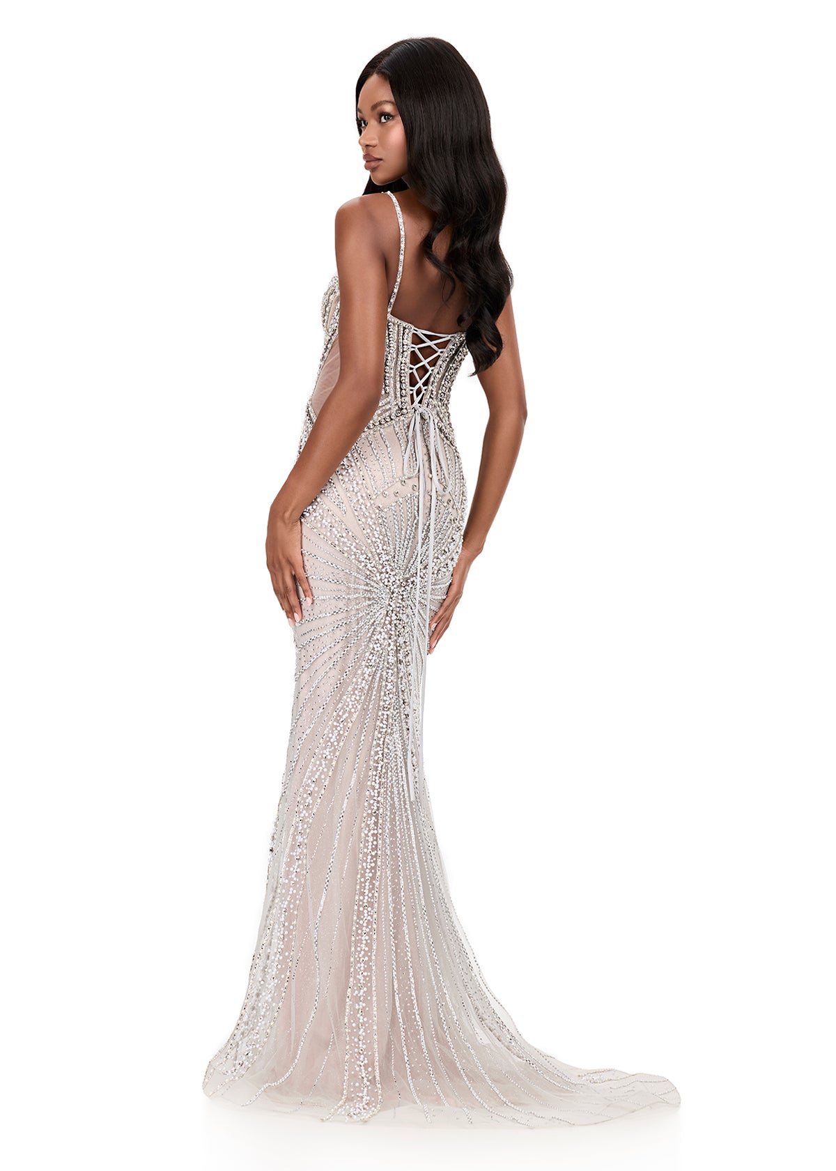 ASHLEYlauren 12219 | Silver fully beaded gown with scoop neckline, illusion cutouts, fitted silhouette, and dramatic train. Back