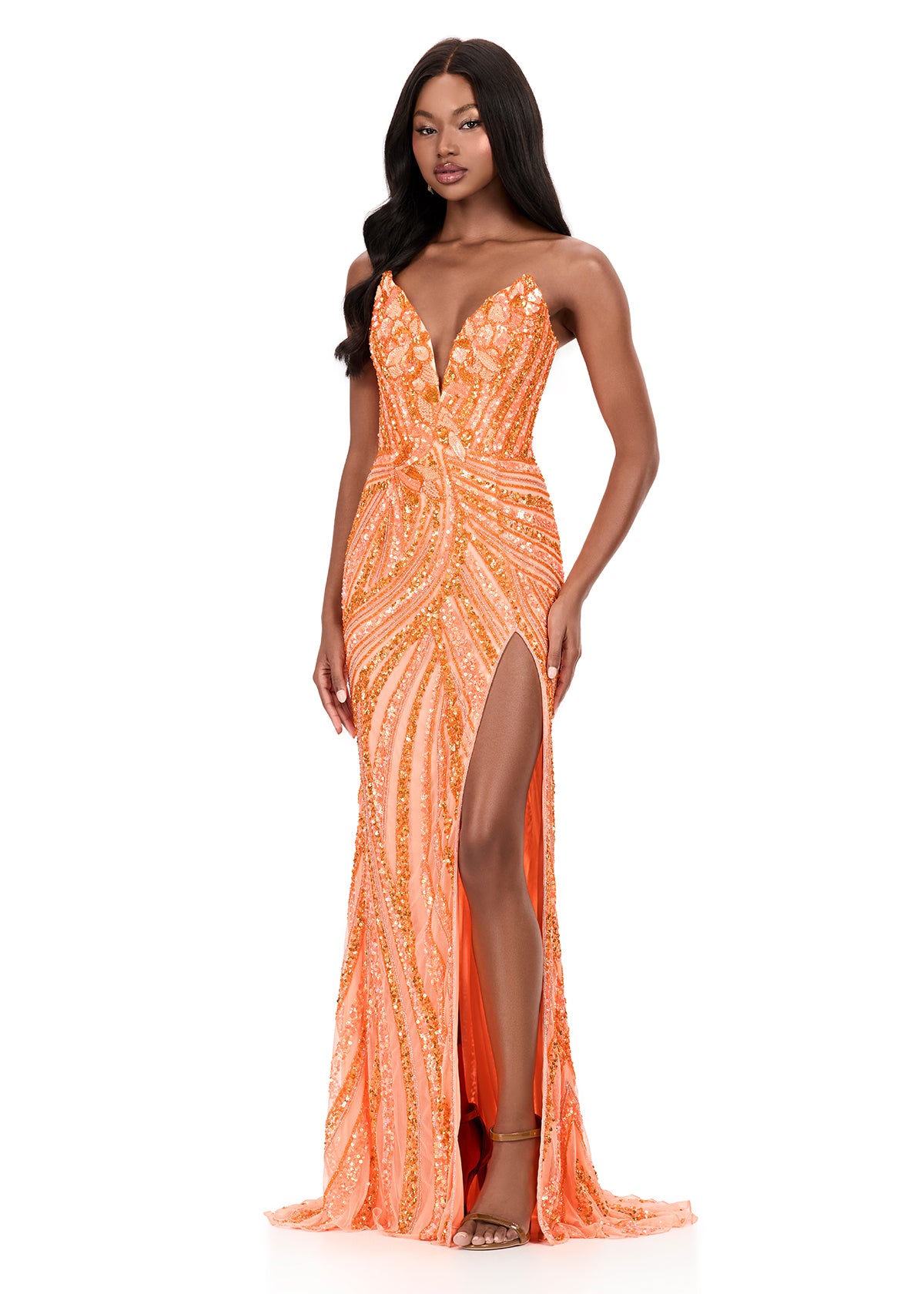 ASHLEYlauren 12230 | Coral beaded gown featuring intricate beadwork, high slit, and figure-hugging sparkle design.
