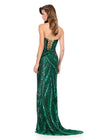 ASHLEYlauren 12230 | Emerald fully beaded gown with sweetheart neckline, lace-up back, fitted silhouette, and statement high slit. Back