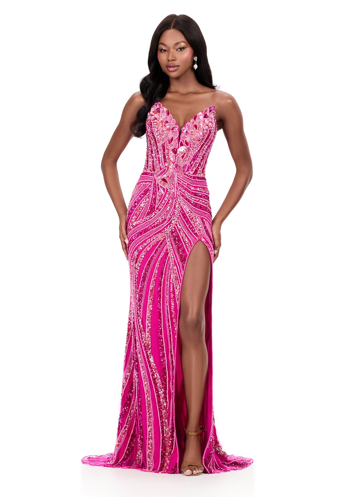 ASHLEYlauren 12230 | Fuchsia sparkly beaded gown with sculpted fit, sweetheart neckline, and red-carpet-ready high slit.