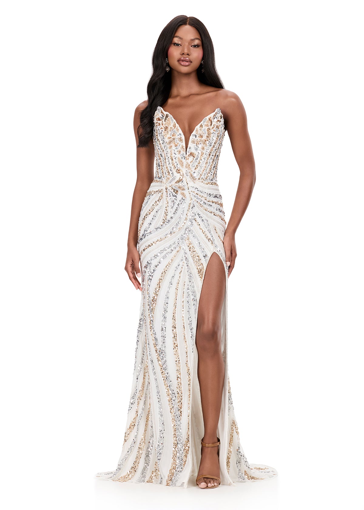 ASHLEYlauren 12230 | Ivory beaded evening gown featuring intricate hand-beading, fitted silhouette, and dramatic thigh-high slit.