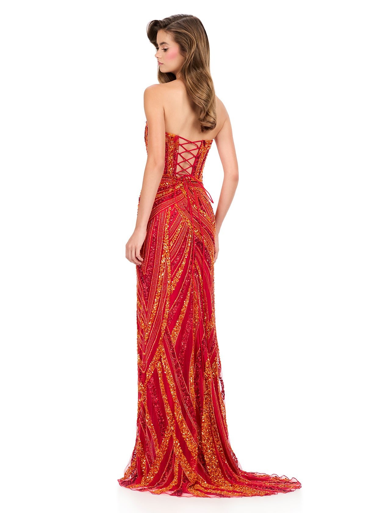 ASHLEYlauren 12230 | Orange beaded gown with sweetheart neckline, fitted silhouette, lace-up back, and high slit. Back