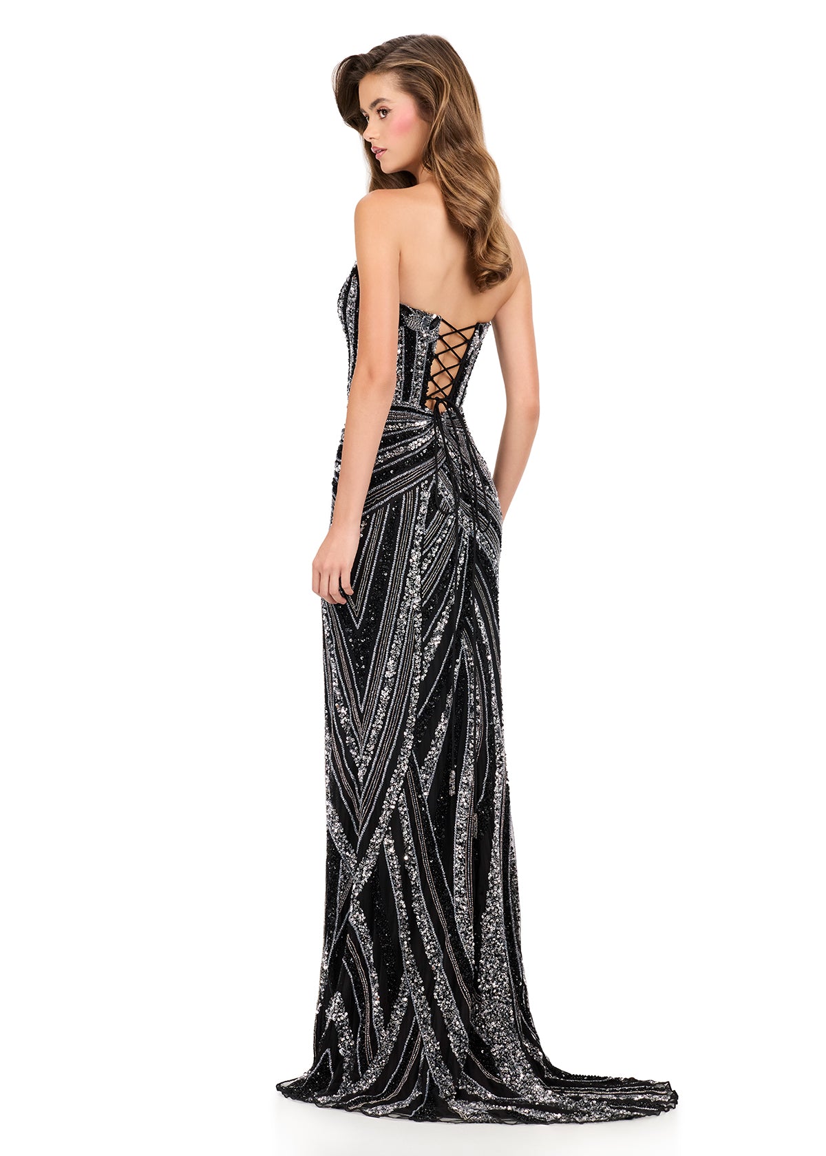 ASHLEYlauren 12230 | Silver-Black fully beaded gown with sweetheart neckline, lace-up back, high slit, and intricate hand-beaded detailing. Back