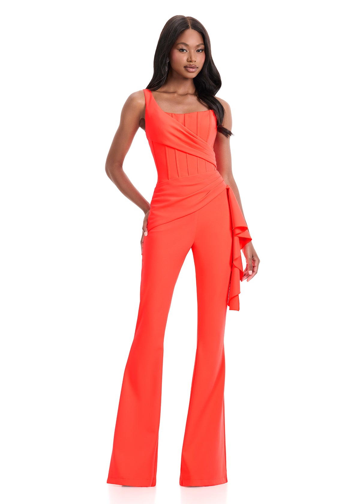 ASHLEYlauren Style 12233 - Scuba Jumpsuit with Cascading Ruffle