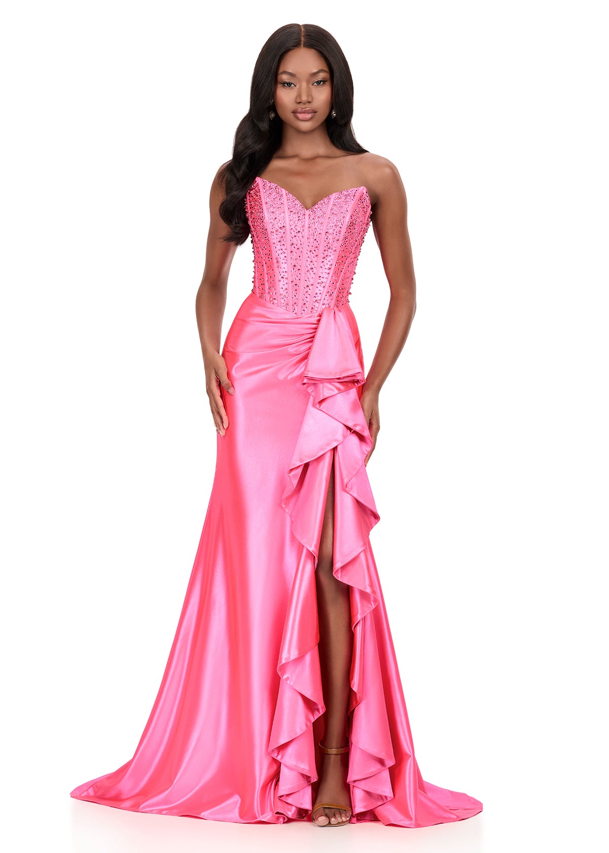 ASHLEYlauren Style 12240 - Corset Prom Dress with Ruffle Slit Detail ASHLEYlauren Style 12240 - Corset Prom Dress with Ruffle Slit Detail