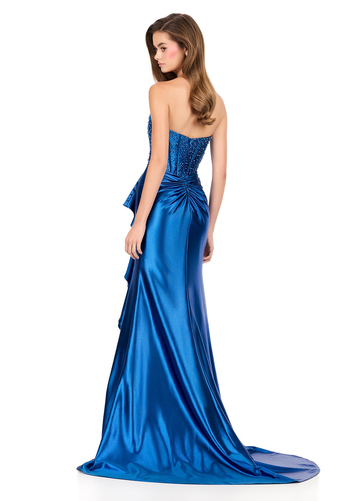 ASHLEYlauren Style 12240 - Corset Prom Dress with Ruffle Slit Detail ASHLEYlauren Style 12240 - Corset Prom Dress with Ruffle Slit Detail