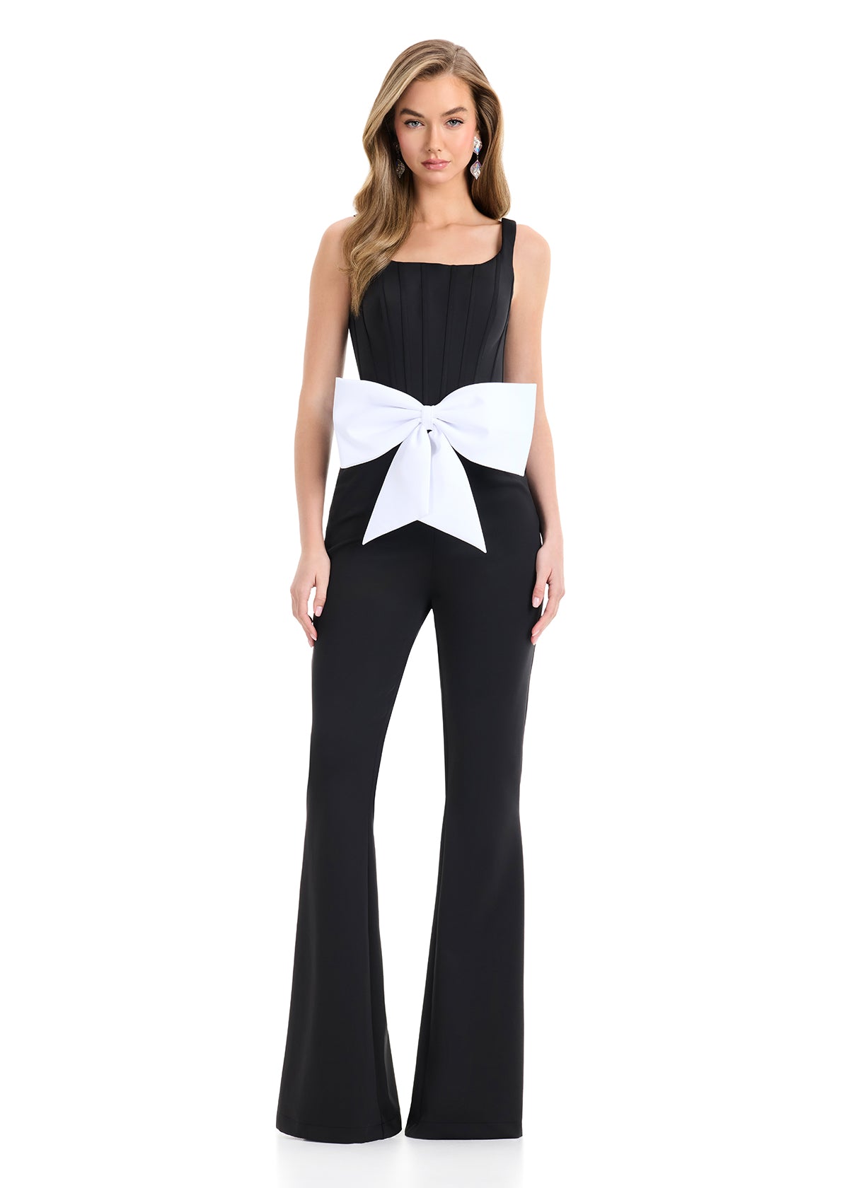 ASHLEYlauren 12242 | White-Black structured jumpsuit featuring flared legs and a bold statement bow at the waistline