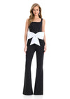 ASHLEYlauren 12242 | White-Black structured jumpsuit featuring flared legs and a bold statement bow at the waistline