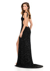 ASHLEYlauren 12243 | Black beaded evening gown with sculpted silhouette, plunging neckline, and high slit