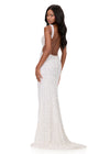 ASHLEYlauren 12243 | Ivory beaded fitted gown featuring a V-neckline, open back, and dramatic slit