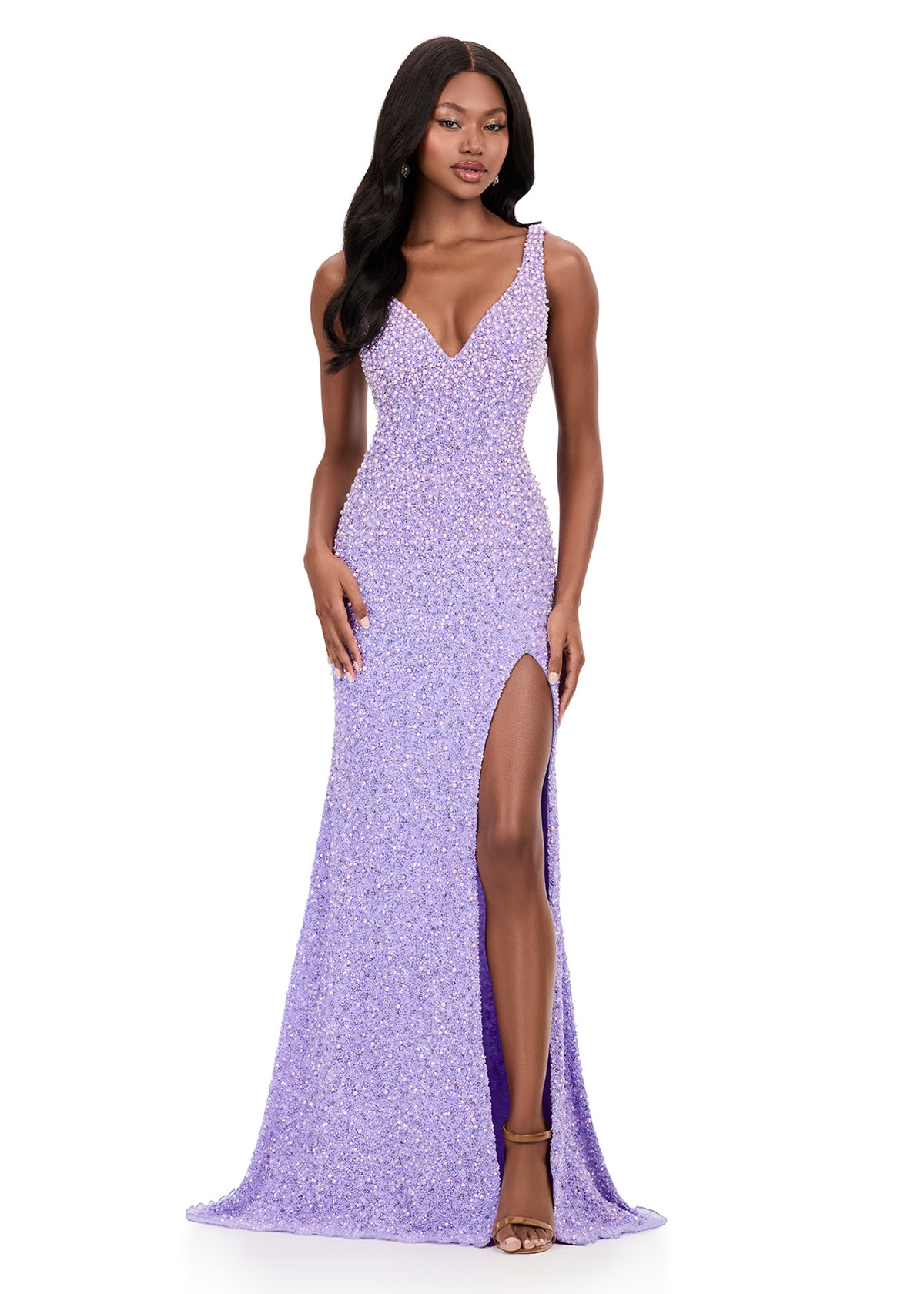ASHLEYlauren Style 12243 - Beaded Pageant Dress with Thigh High Slit