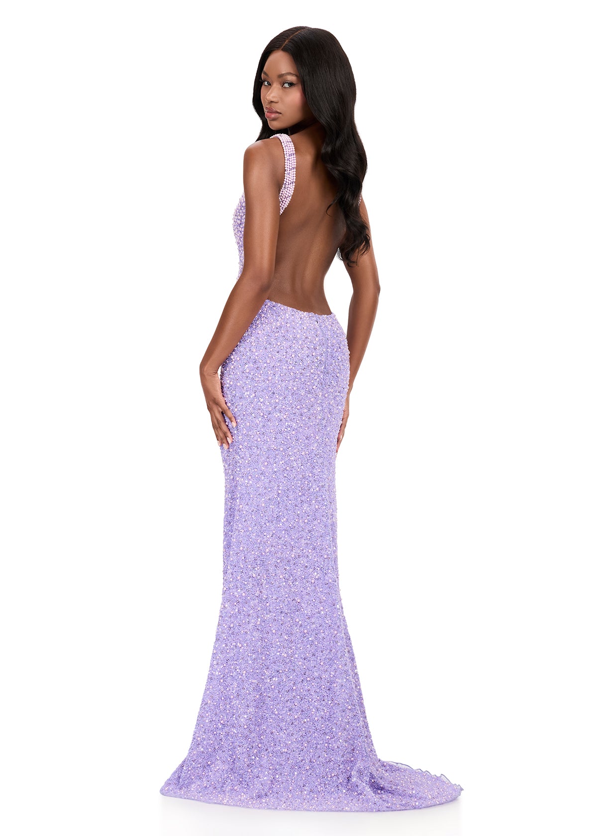 ASHLEYlauren 12243 | Lilac beaded fitted gown featuring a V-neckline, open back, and thigh-high slit