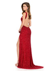 ASHLEYlauren 12243 | Red beaded fitted gown featuring a V-neckline, open back, and high slit
