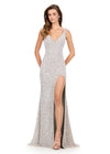 ASHLEYlauren 12243 | Silver beaded evening gown with plunging neckline, sculpted silhouette, and thigh-high slit