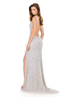 ASHLEYlauren 12243 | Silver beaded fitted gown featuring a V-neckline, open back, and dramatic slit