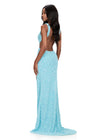 ASHLEYlauren 12243 | Sky beaded fitted gown featuring a V-neckline, open back, and dramatic thigh-high slit