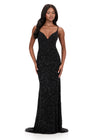 ASHLEYlauren 12244 | Black beaded evening gown with plunging neckline, open back, and sleek silhouette