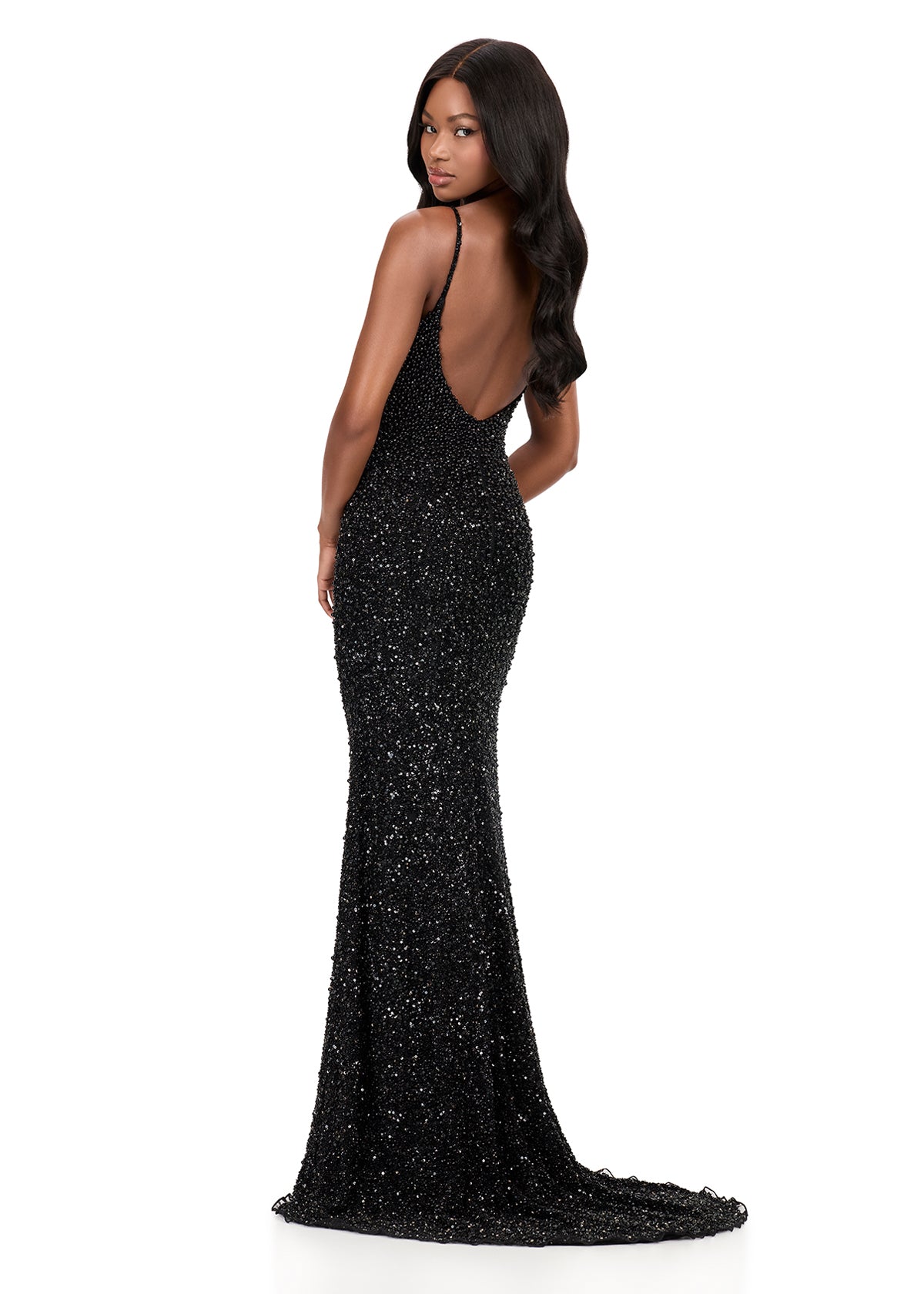 ASHLEYlauren 12244 | Black beaded fitted gown featuring a V-neckline, double straps, low back, and sweeping train