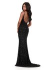 ASHLEYlauren 12244 | Black beaded fitted gown featuring a V-neckline, double straps, low back, and sweeping train