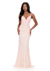 ASHLEYlauren 12244 | Ice-Pink beaded evening gown with elegant neckline, sculpted silhouette, and sweep train