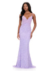 ASHLEYlauren 12244 | Lilac beaded evening gown with plunging neckline, open back, and flowing sweep train