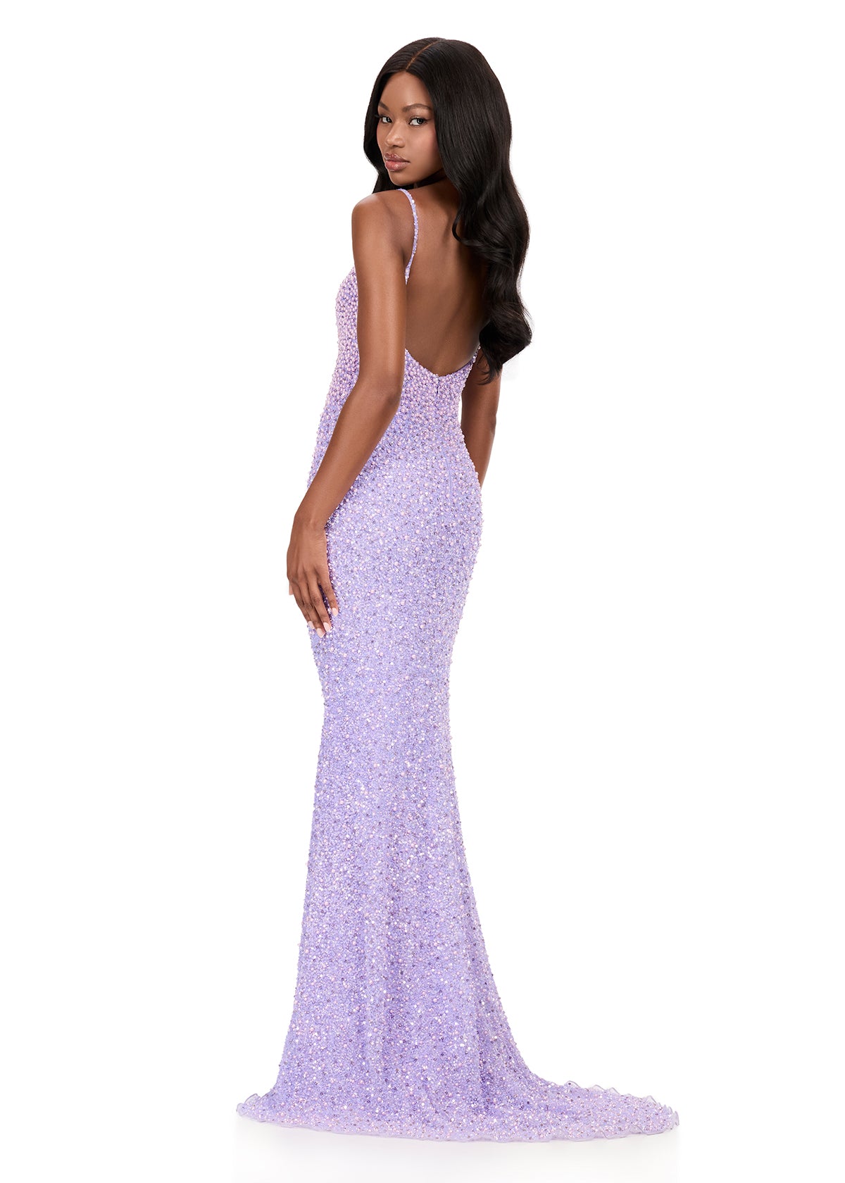 ASHLEYlauren 12244 | Lilac beaded fitted gown featuring a V-neckline, double straps, and dramatic low back