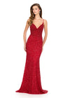 ASHLEYlauren 12244 | Red beaded evening gown with elegant V-neckline, open back, and streamlined silhouette