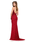 ASHLEYlauren 12244 | Red beaded fitted gown featuring a V-neckline, double straps, low back, and sweeping train