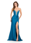 ASHLEYlauren 12247 | Peacock fitted jersey gown with crystal plunging neckline and ruched waist