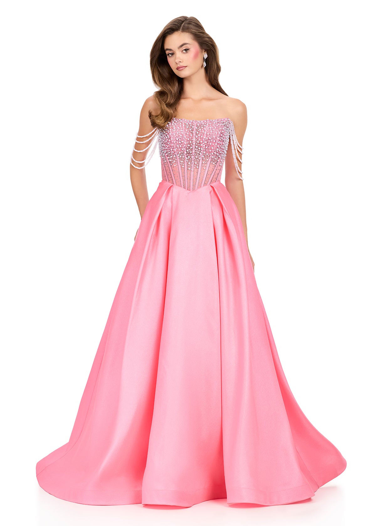 ASHLEYlauren 12086 – Beaded Bodice Satin Ball Gown with Train